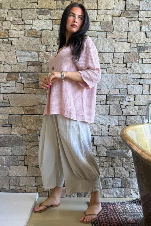 Andi Basket Linen Blend Top Rose